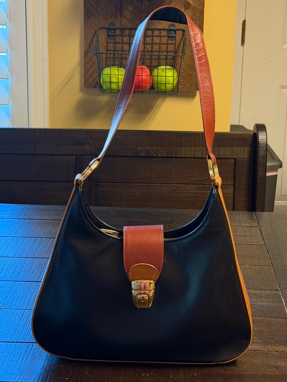 Italian Leather Black and Brown Shoulder Bag with Gold Hardware